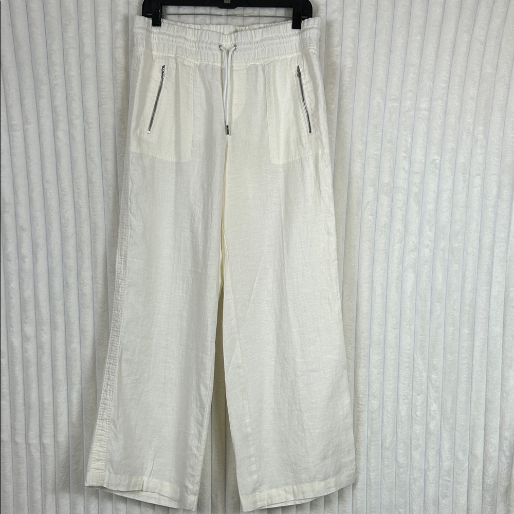 Athleta Cabo off white Linen Wide Leg pull on Pants 10
